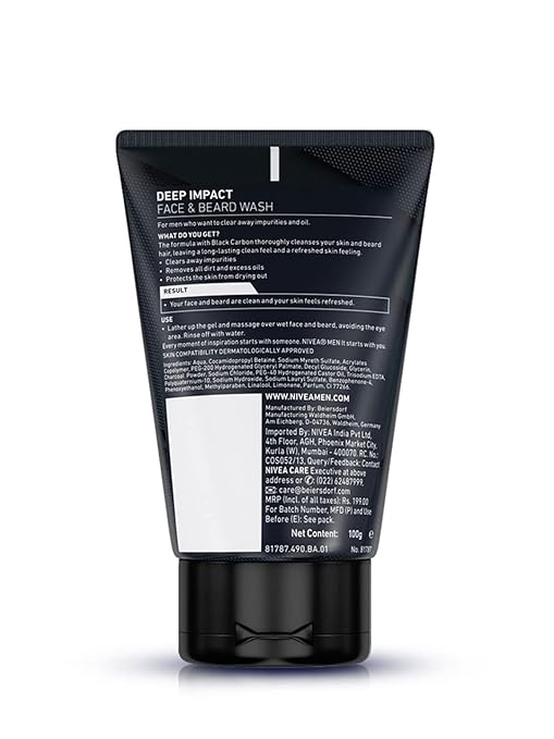 61xRgx6m16L._SY679_ Nivea Men Deep Impact Intense Clean Face and Beard Wash - Black Carbon, 100 ml (3.3 oz)