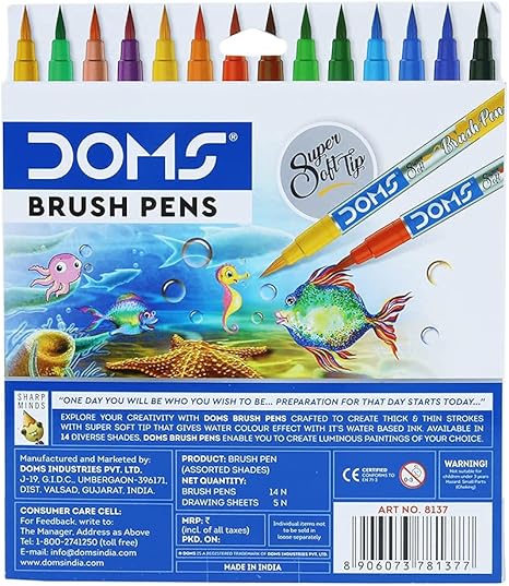 DOMS Non-Toxic Brush Pens in Cardboard Box (14 Assorted Shades - 1 Set)